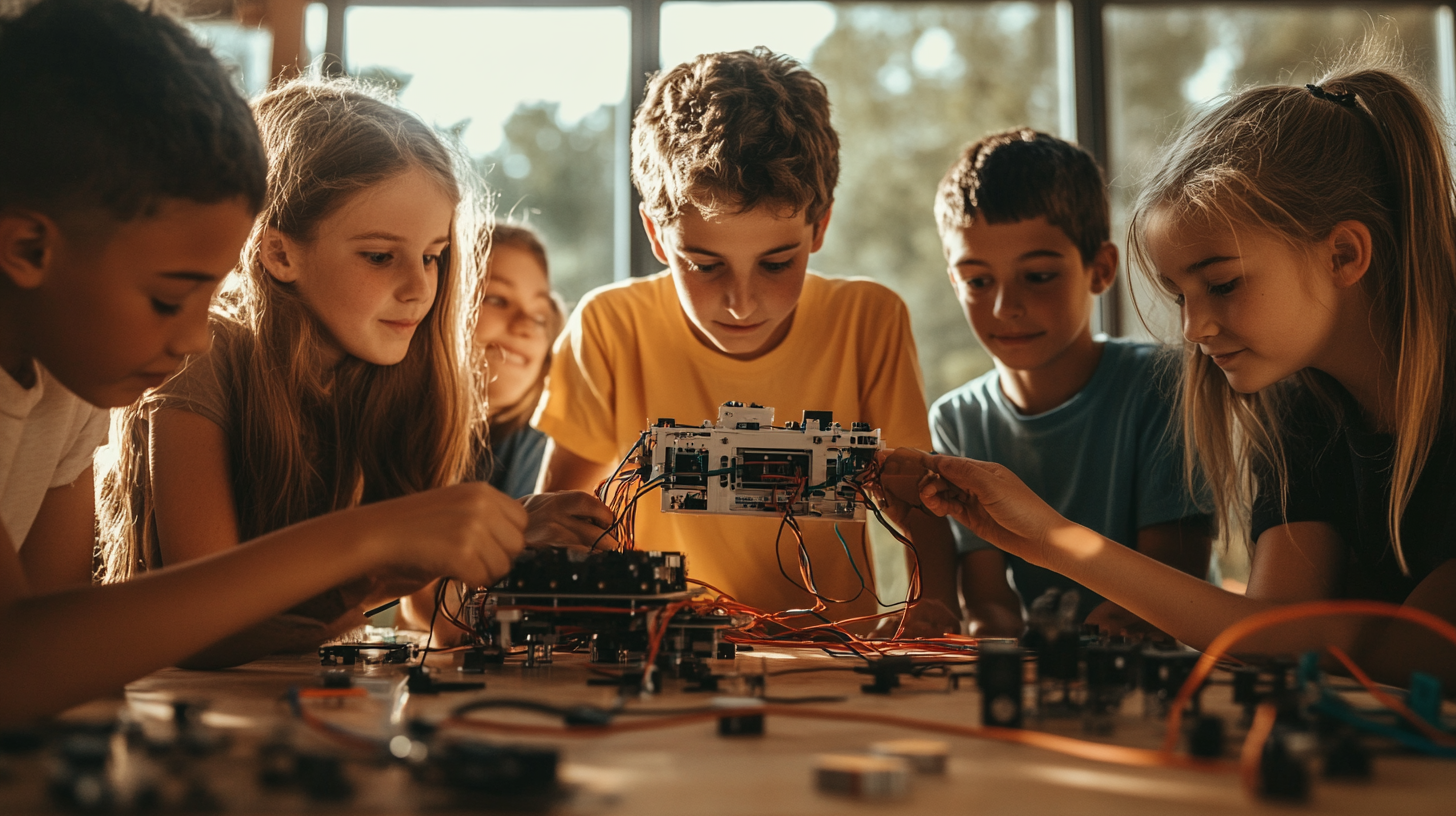 Kids building robots at STEM camp