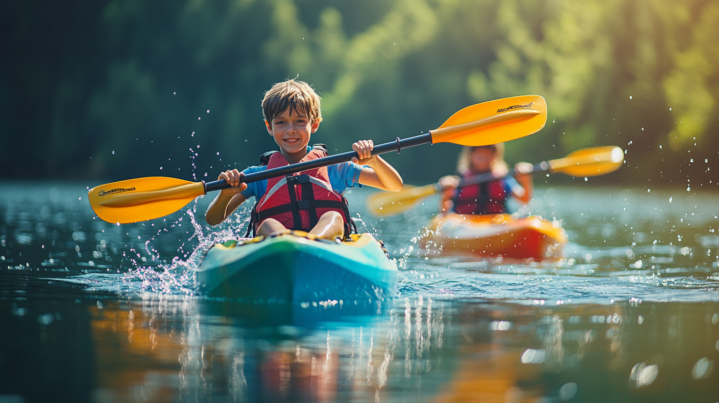 Kids kayaking on a lake